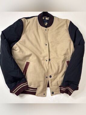 Tommy Hilfiger Beige Blue Varsity Snap Front Bomber Jacket Sz XL A060626